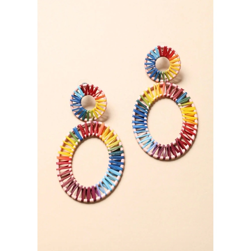 Rainbow Woven Raffia Statement Earrings Multicolor Double Hoop Boho Maximalist
